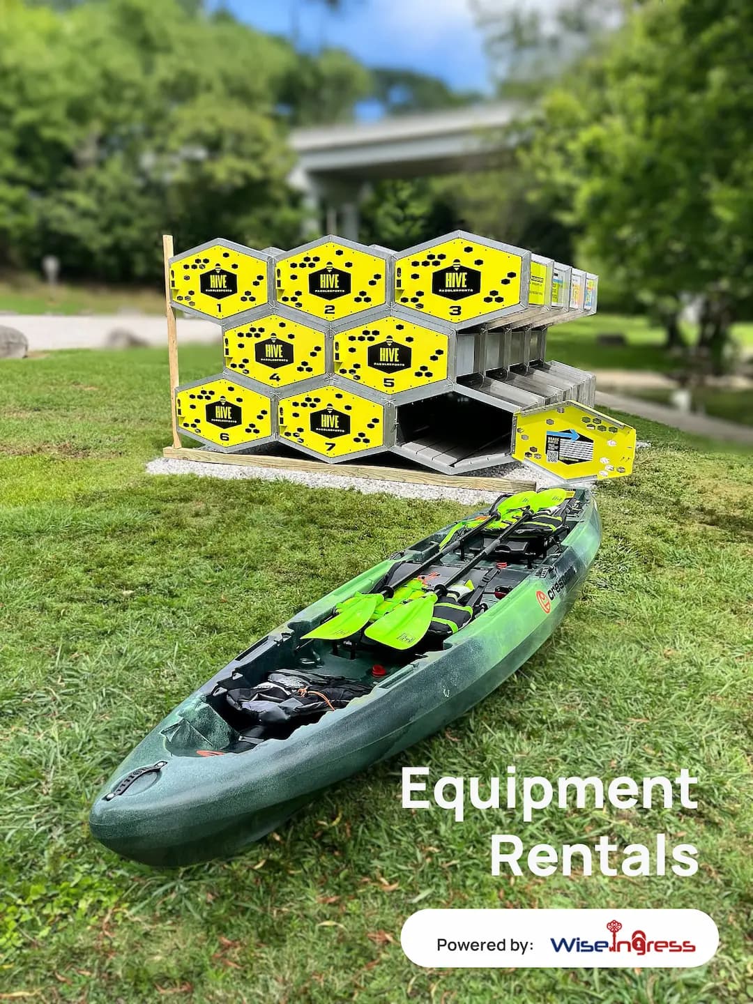 Kayaks and paddleboards secured by igloo smart locks at a Hive waterside rental