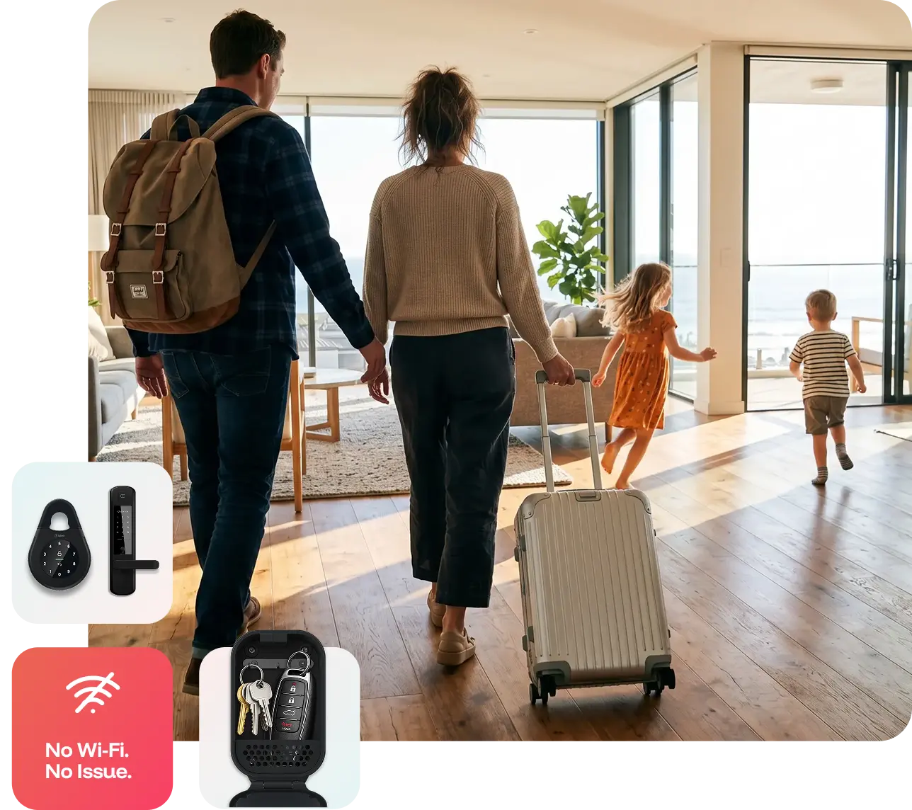 Family with luggage arriving at a bright short term rental apartment, beside igloo padlock, keybox and no Wi-Fi badges