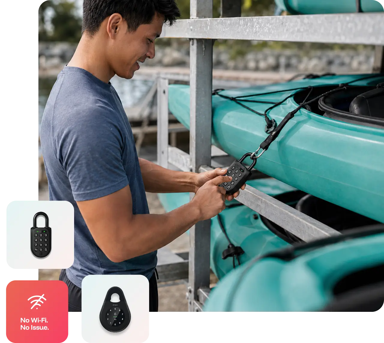 Man unlocking an igloo smart padlock on a self serve kayak rental rack, beside igloo padlock and no Wi-Fi badges