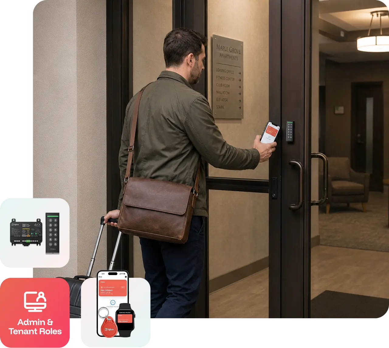Man with a suitcase unlocking a multifamily building's glass entrance door with his phone, beside igloo hardware and admin and tenant roles badges