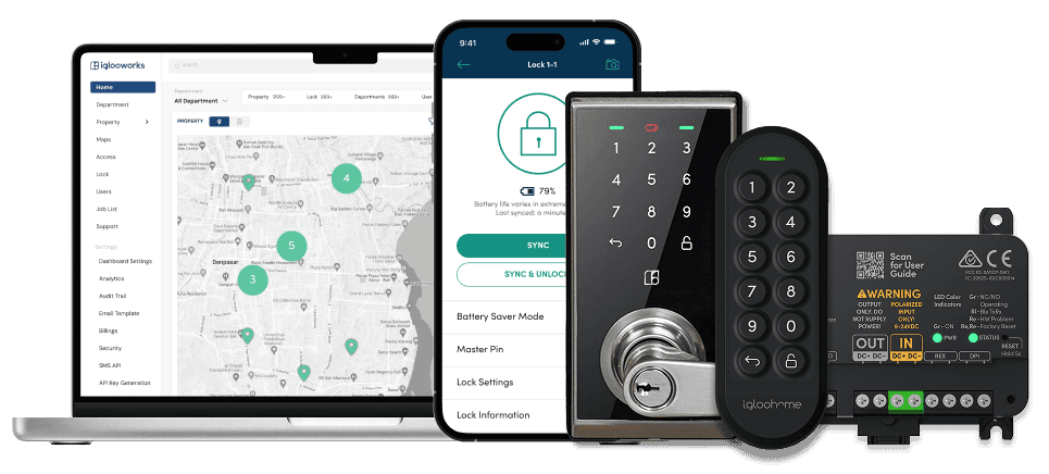 The iglooworks dashboard, igloohome mobile app, and igloo smart lock hardware — deadbolt, keypad and wired controller
