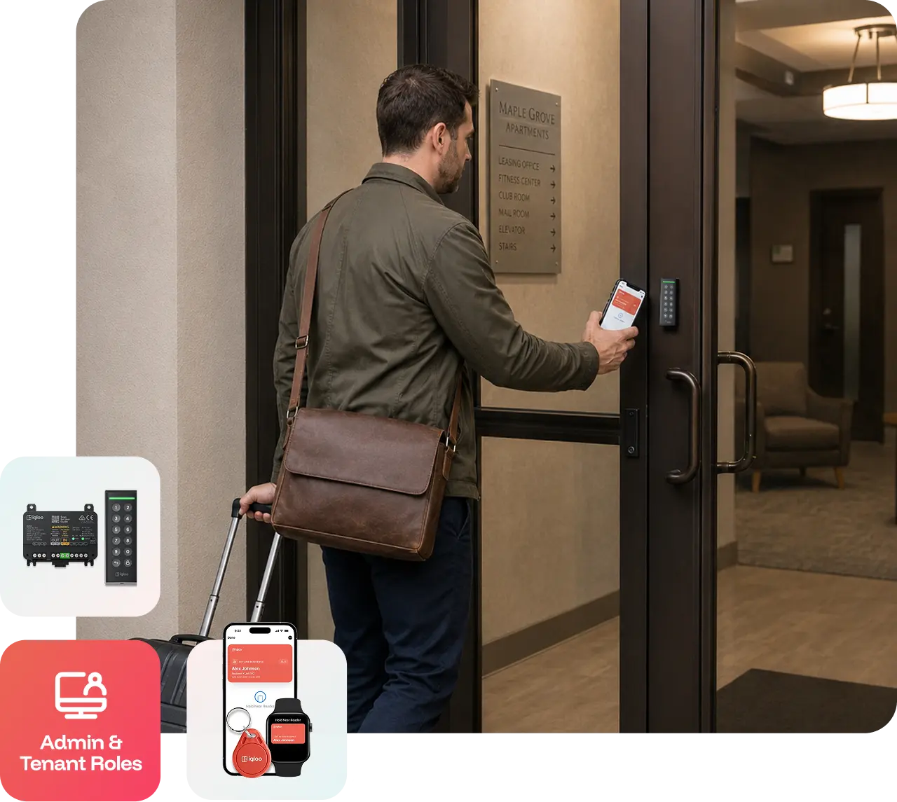 Man with a suitcase unlocking a multifamily building's glass entrance door with his phone, beside igloo hardware and admin and tenant roles badges