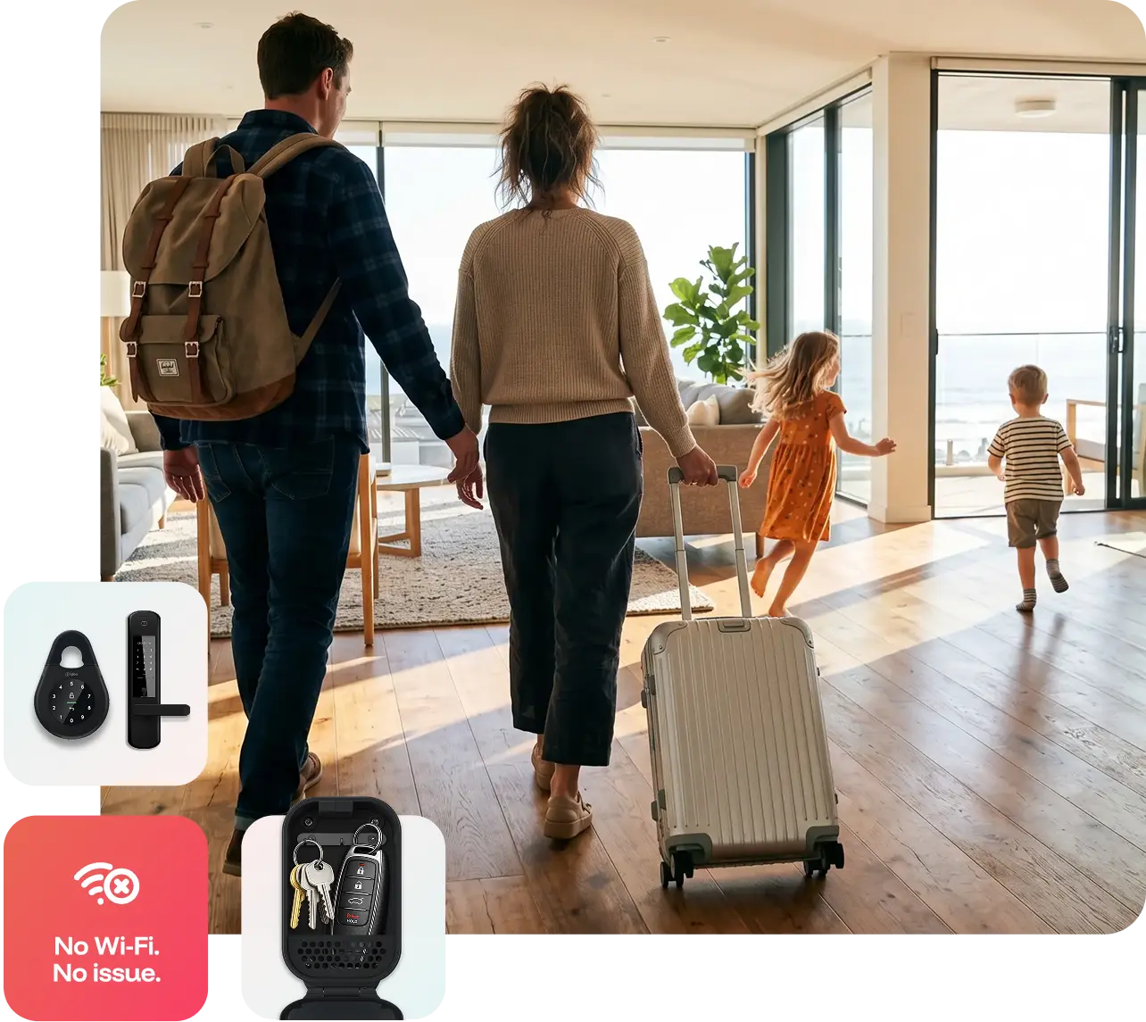 Family with luggage arriving at a bright short term rental apartment, beside igloo padlock, keybox and no Wi-Fi badges