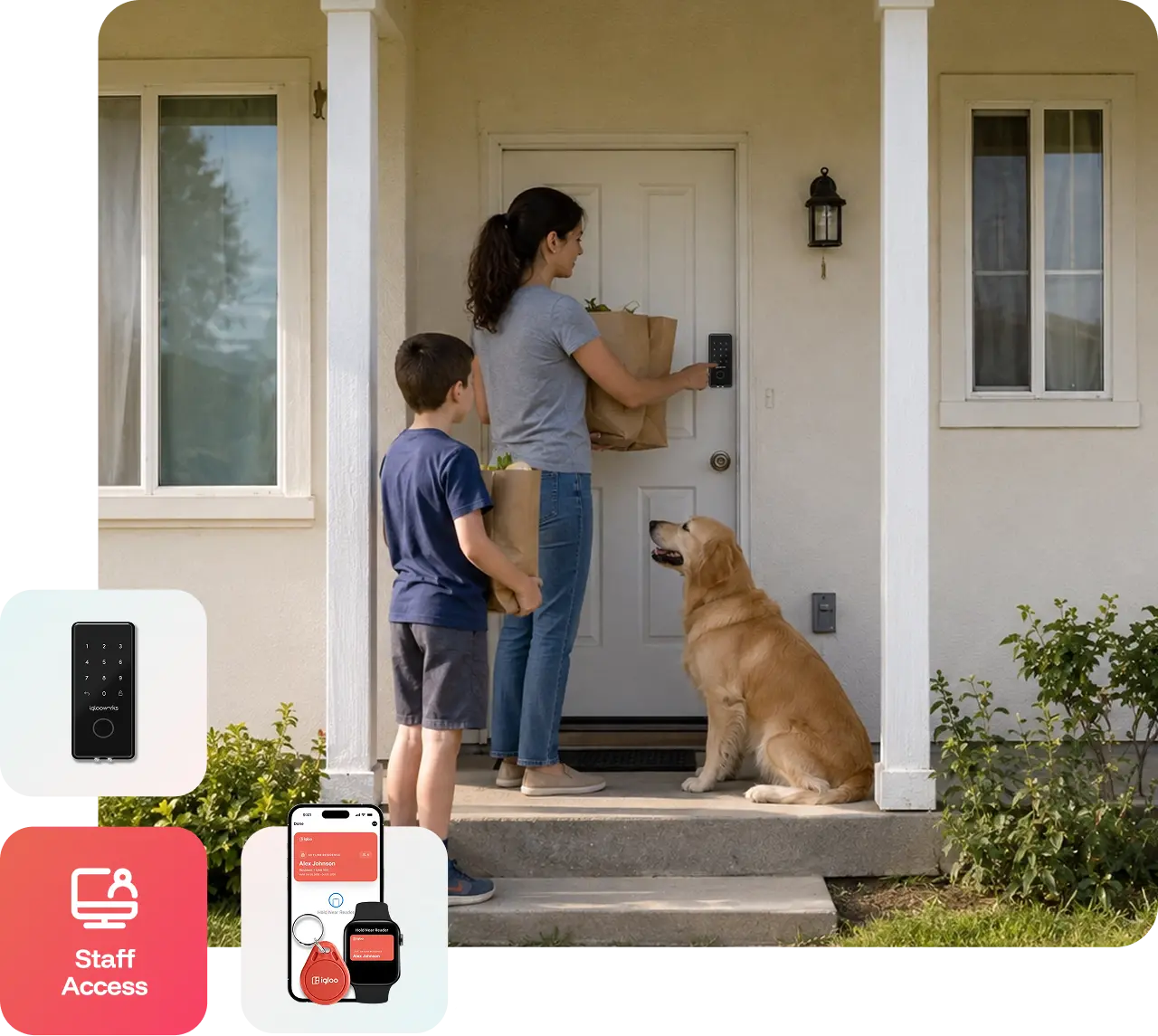 Woman and boy with a dog at the front door of a single family rental house fitted with an igloo smart lock, beside igloo keypad, app and staff access badges