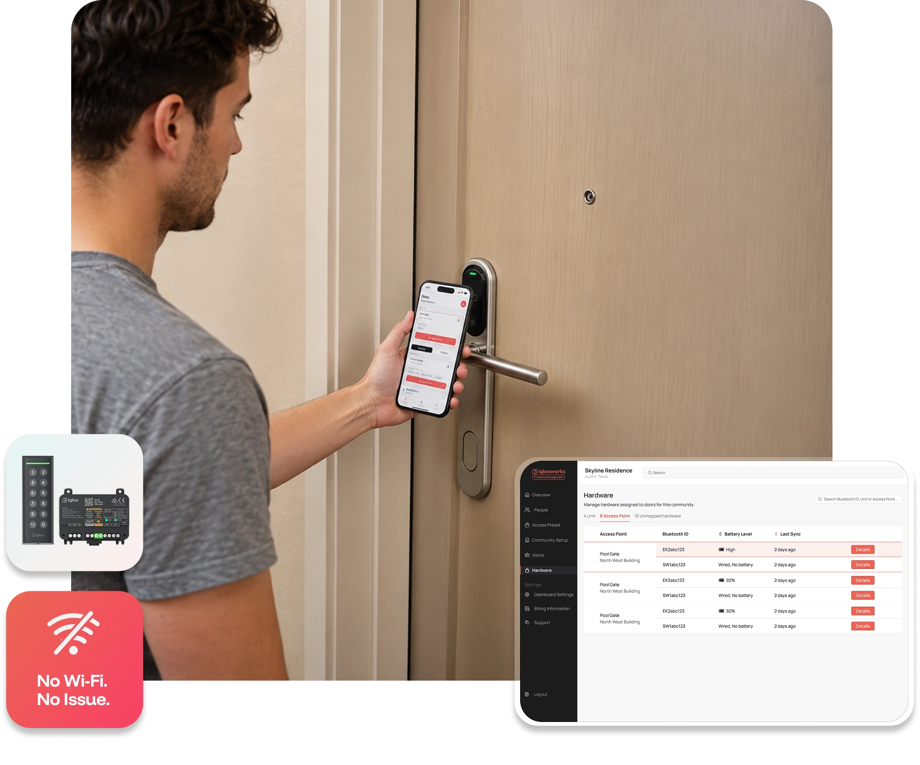 A man unlocking a mortise lock with his mobile wallet